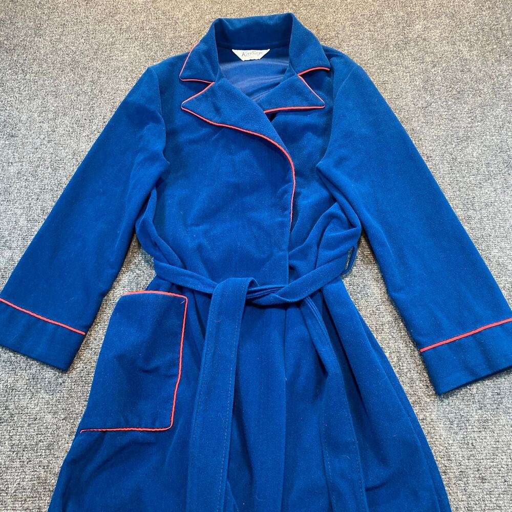 Vintage Kayser Womens M Chic Royal Blue Velour Bath Robe Gown Belted Red Trim